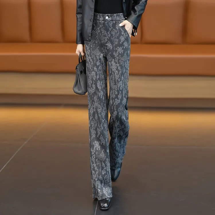 高端醋酸羊毛阔腿裤女士秋冬2025新款高腰显瘦宽松印花休闲直筒裤