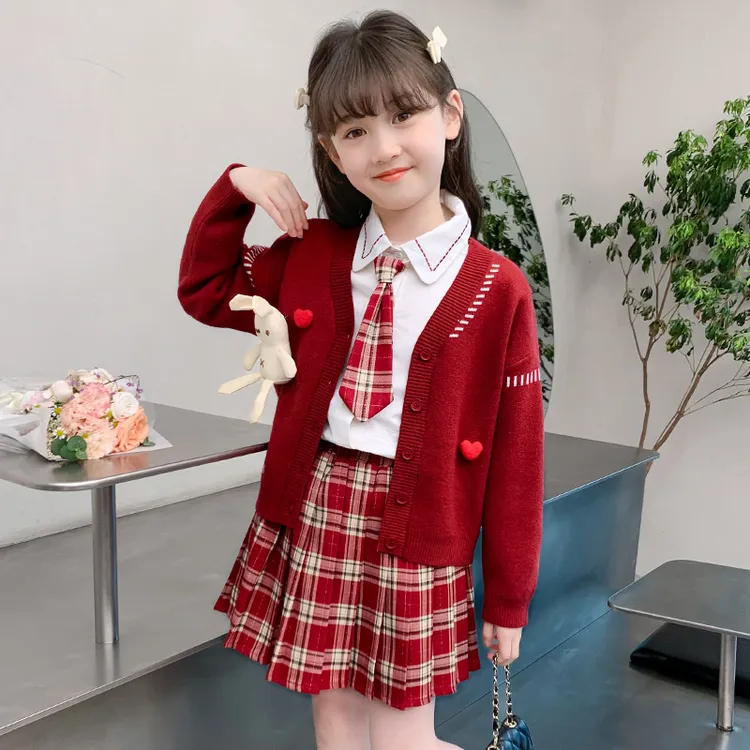 女童春秋季红色学院风三件套针织洋气儿童中大童6-12岁16岁小香风