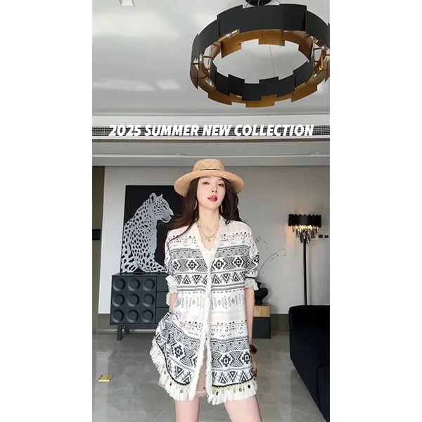 法式复古印花V领亚麻衬衫女2025新款波西米亚风流苏衬衣+短裤套装