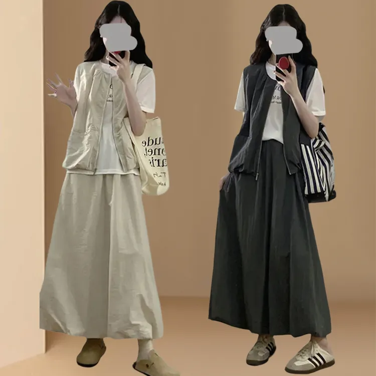 夏季新款韩系穿搭一整套女2025新款休闲减龄马甲T恤花苞裙三件套