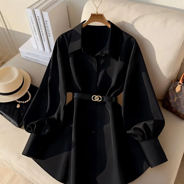 时尚百搭气质衣服轻熟高级感黑色衬衫早秋新款轻奢设计感显瘦上衣