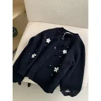 【丹姐家~藏青刺绣花朵】羊毛针织开衫法式重工花朵刺绣毛衣外套