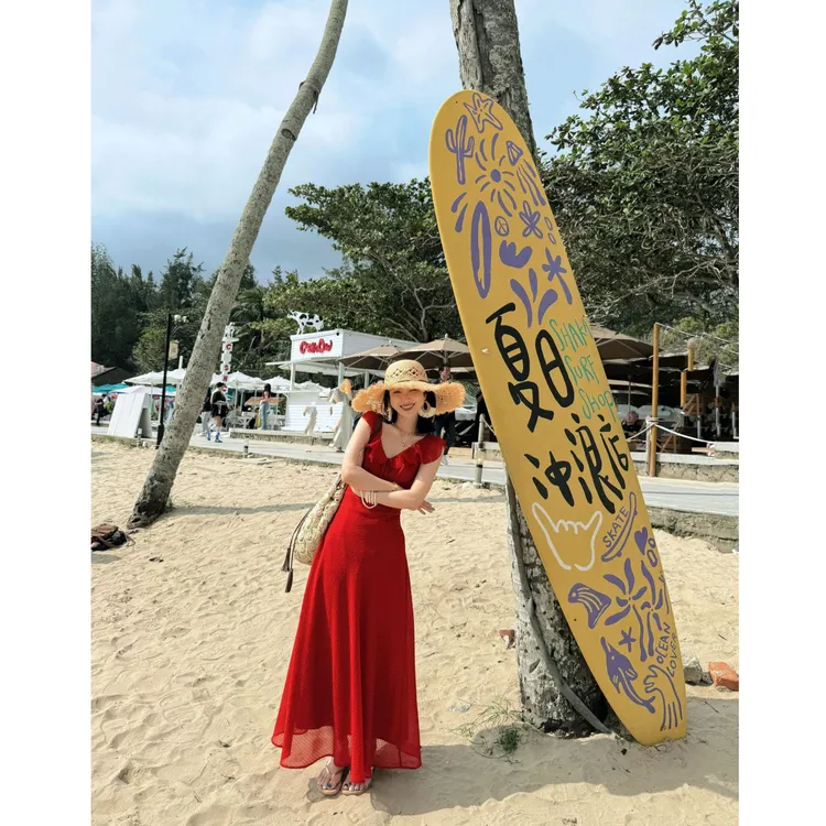 【虞美人】小飞袖红色收腰长裙法式荷叶边度假连衣裙