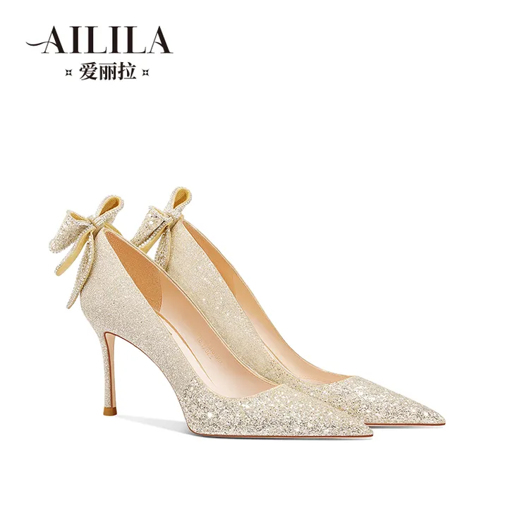 爱丽拉爆款不累脚水晶高跟鞋成人礼服鞋浅口婚鞋女蝴蝶结细跟女鞋