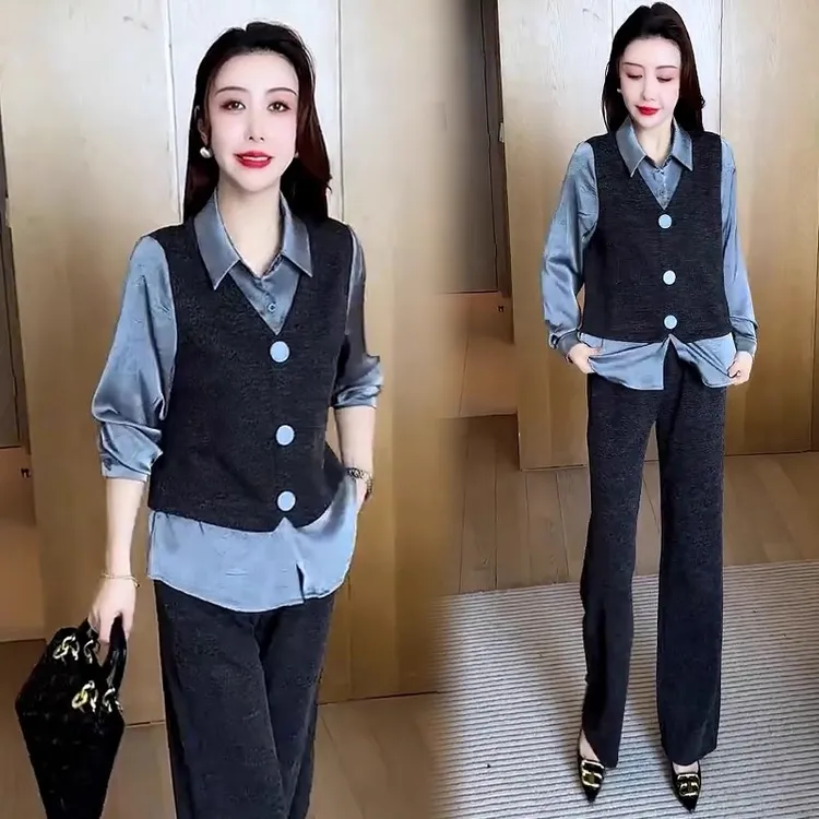 时尚休闲套装女2025春季新款洋气显瘦假两件拼接上衣阔腿裤两件套