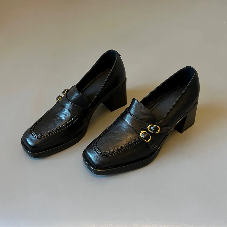 羊皮版~静音底英伦风方头高跟乐福鞋女一脚蹬通勤复古粗跟小皮鞋