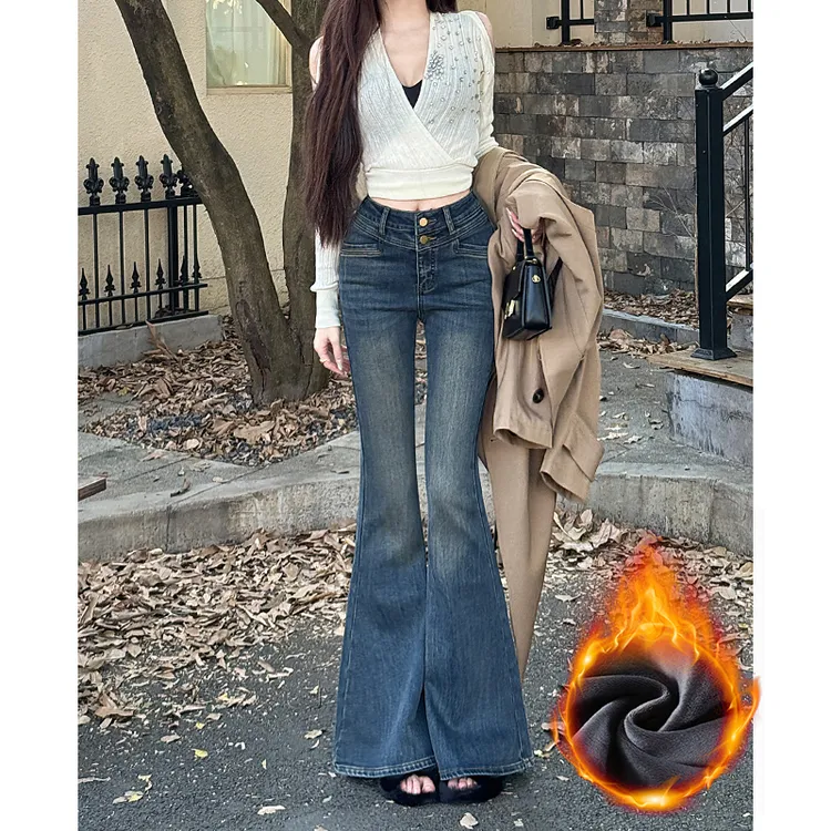 复古美式辣妹加绒微喇牛仔裤女2025秋冬新款高腰修身显瘦喇叭裤