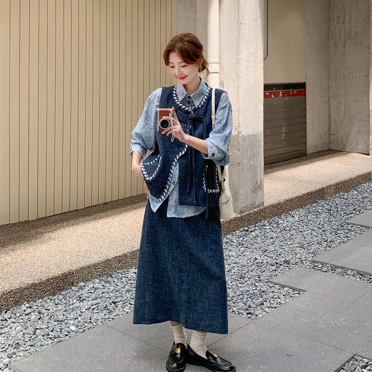 复古ins风提花衬衫马甲半裙套装2025春秋新款气质韩系显瘦三件套