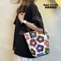 MIAO毛线花朵可爱手绘图案休闲可斜挎包流行帆布袋百搭帆布包包W