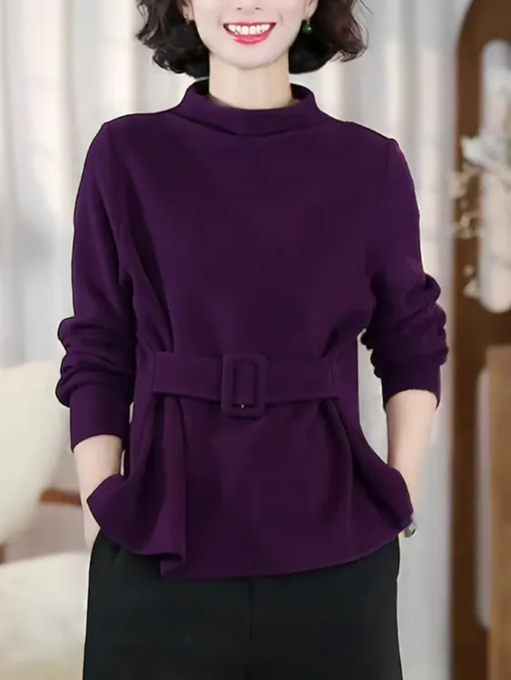 韩系时髦气质百搭高领长袖套头显瘦秋冬新款腰带设计感收腰上衣女