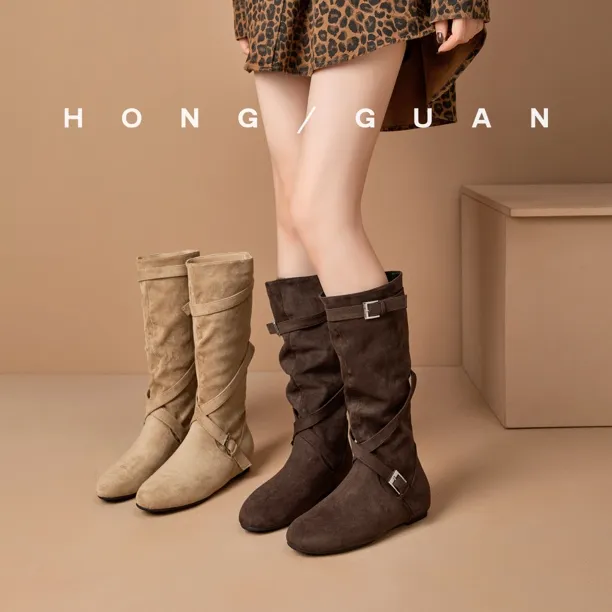 加绒 | 3cm内增高红冠堆堆靴交叉扣带中高筒牛仔长靴女西部靴813