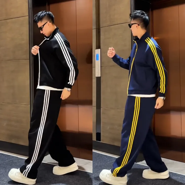 语乐25秋季新款美式撞色三条杠时尚运动卫衣套装休闲立领外套裤子