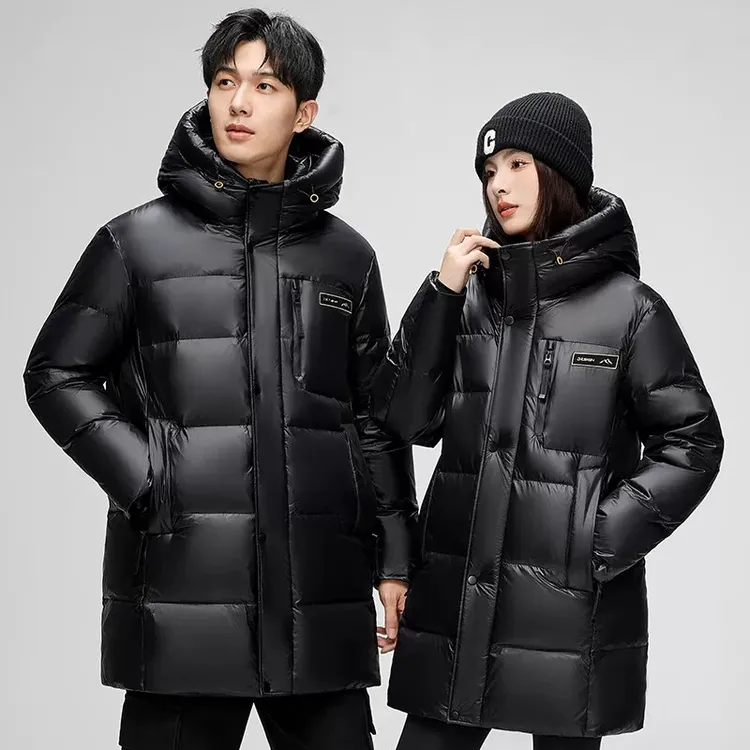 黑金鹅绒面包服防风加绒户外情侣连帽冬外套保暖过膝中长款运动