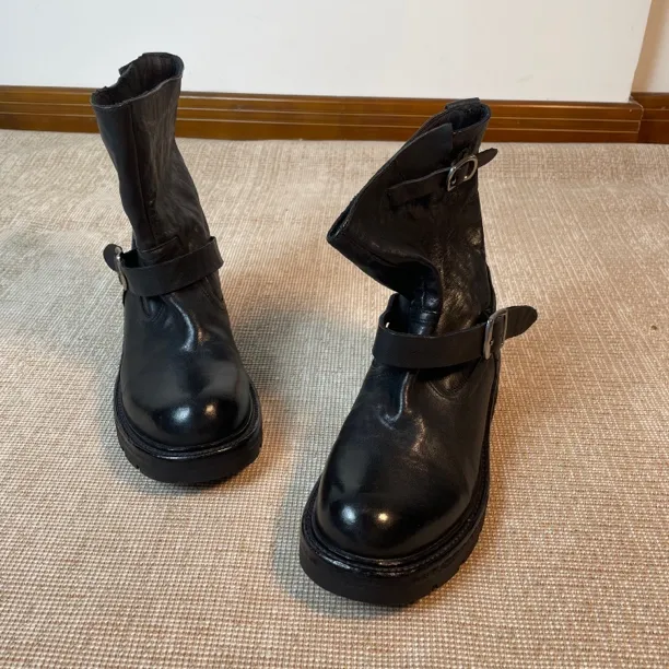 34-40码重水洗川西靴一脚蹬复古2025西部靴时尚休闲黑色厚底秋冬