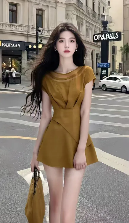 温柔甜美千金风棕色圆领短袖收腰连衣裙女高级不规则时尚贵气穿搭