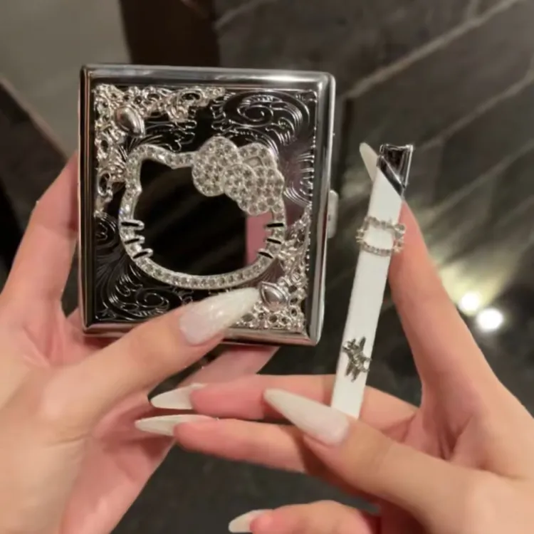 手作高颜值古早kitty烟盒补妆镜金属细条打火机适合男女送礼创意