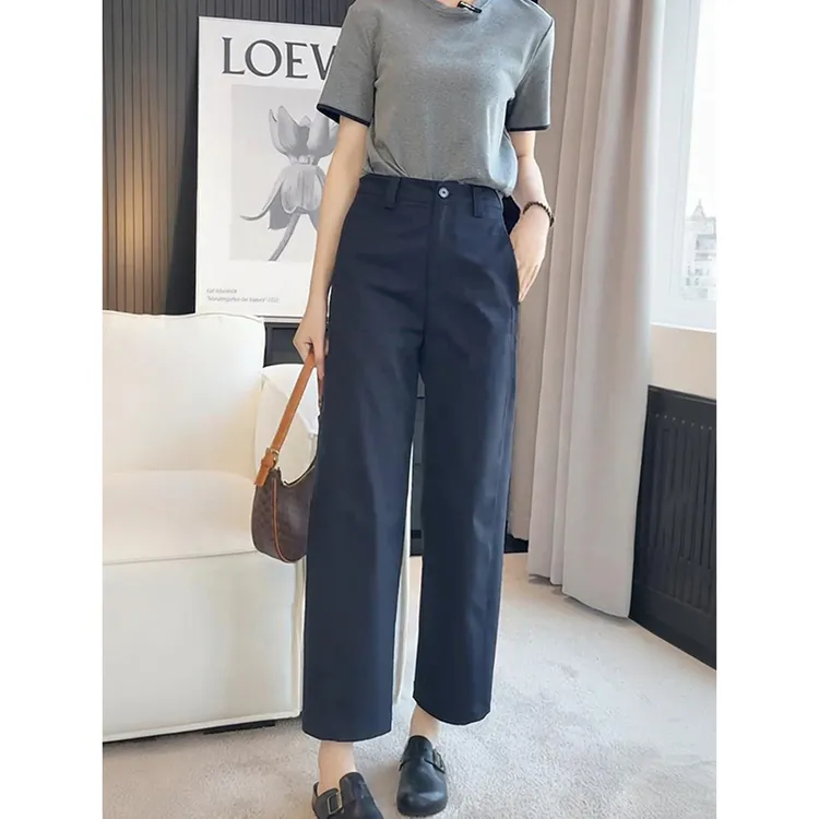 藏青色直筒休闲裤女2025年春夏新款大码小个子高腰显瘦九分工装裤