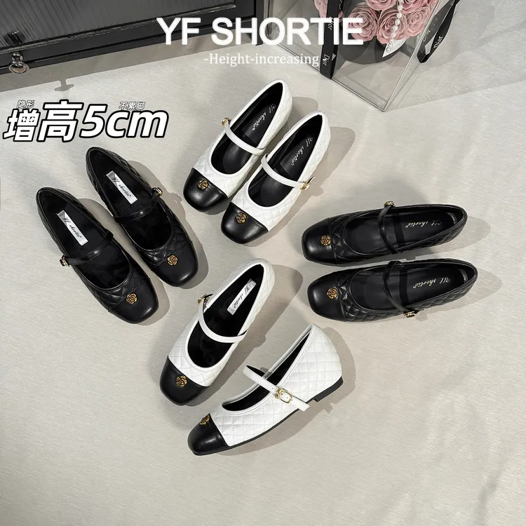 甜甜女孩·增高5CM金属山茶花玛丽珍鞋女2026新款法式菱格方头单鞋