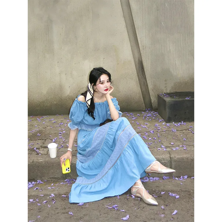 今年流行漂亮法式外穿抹胸高级感气质显瘦韩系蓝色上衣半身裙长裙