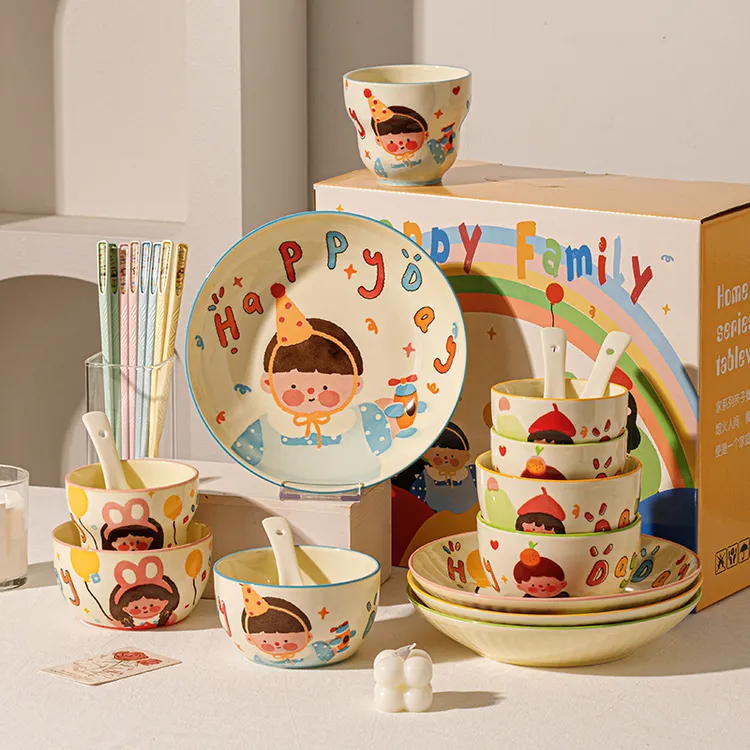 亲子情侣夫妻可爱家用陶瓷餐具礼盒釉下彩碗碟盘送礼米饭碗韩系