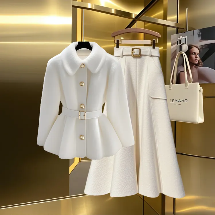 毛茸茸白色小香风开衫厚外套女2025秋冬a字加厚半身裙两件套爆款