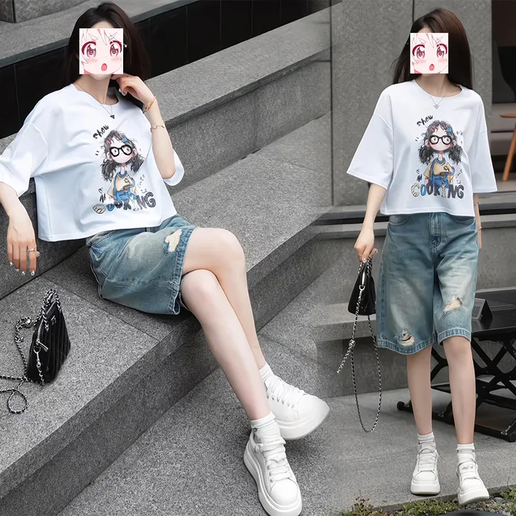 慵懒休闲风时尚套装2025夏季印花中袖圆领t恤韩版短裤子两件套装