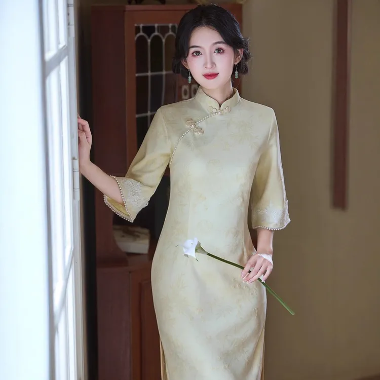 黄色改良新中式倒大袖旗袍复古女2025秋季新款麂皮绒改良年轻款