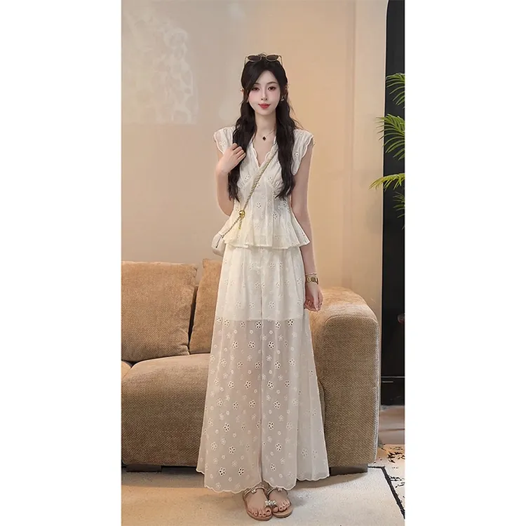 YUANLIANSU/圆脸酥【松茶可可】夏季时尚法式V领衬衫+阔腿裤两件套