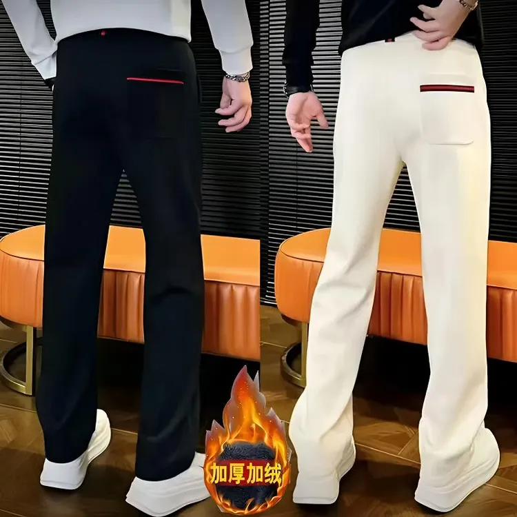 男士痞帅潮男裤子秋冬新款休闲长裤男士加绒加厚弹力男士织带品质