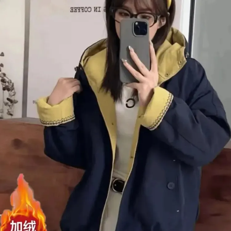 （加绒加厚）款纯色连帽冬季派克服拼接百搭网红女士大衣