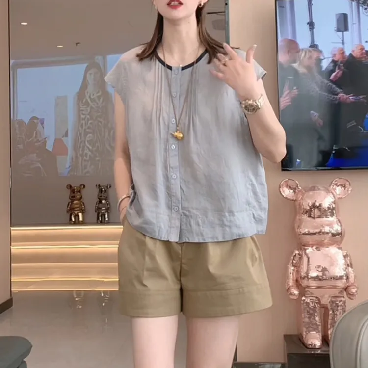 撞色设计感褶皱圆领短袖衬衫女夏季新款气质显瘦衬衣休闲薄款上衣