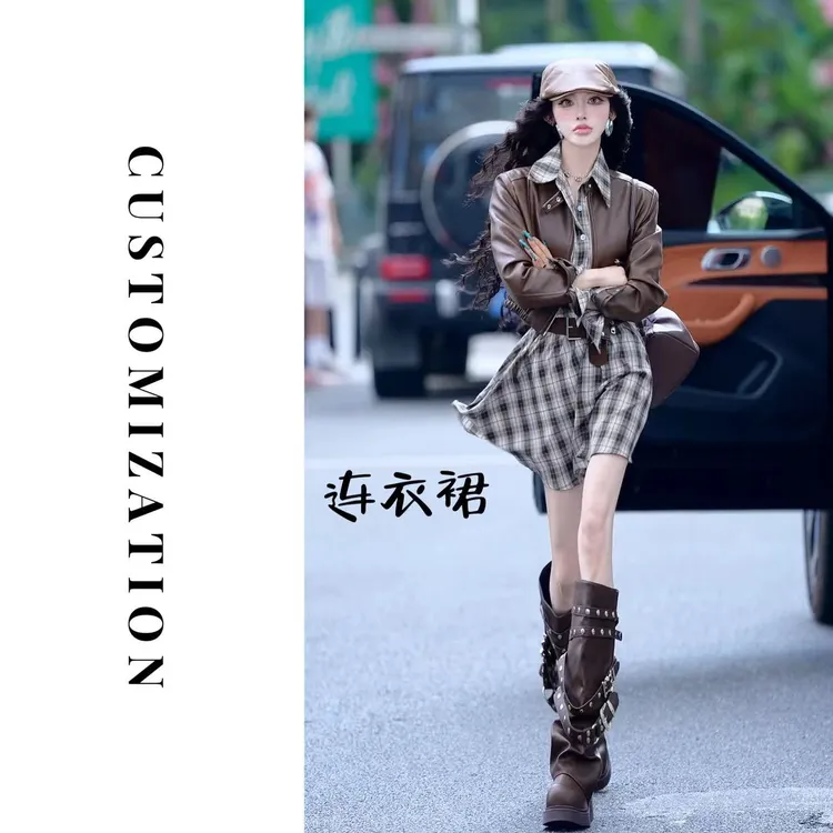 2025秋款连衣裙方格竖排扣下摆褶皱坠感收腰显瘦连衣裙9157