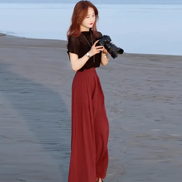 拉夏贝尔时尚气质套装女2025夏季新款轻薄上衣阔腿裤显瘦两件套装