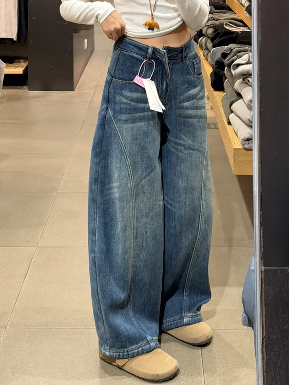 加绒加厚蓝色弯刀牛仔裤女秋冬新款大码胖mm高腰显瘦宽松阔腿裤子