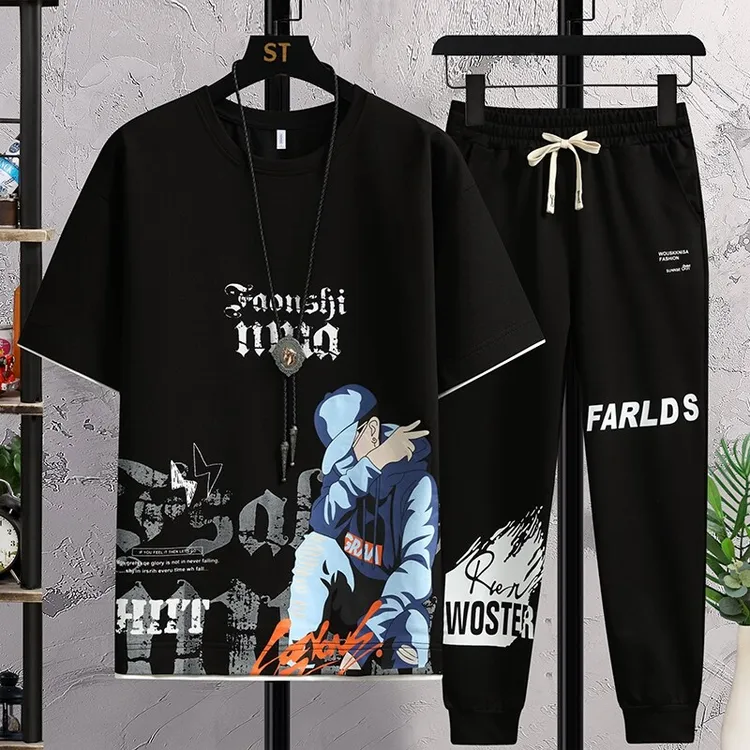 青少年夏装帅气大童短裤休闲运动套装初高中学生冰丝短袖t恤男