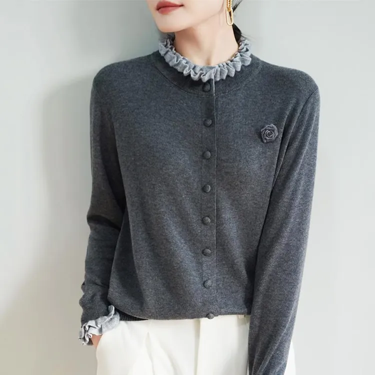 木耳边针织开衫女2025新款拼色花边领洋气内搭保暖精纺羊毛上衣新