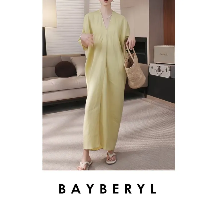 BAYBERYL老贝洛梨黄*V领法式茧型亚麻夏气质连衣裙DR5E0526