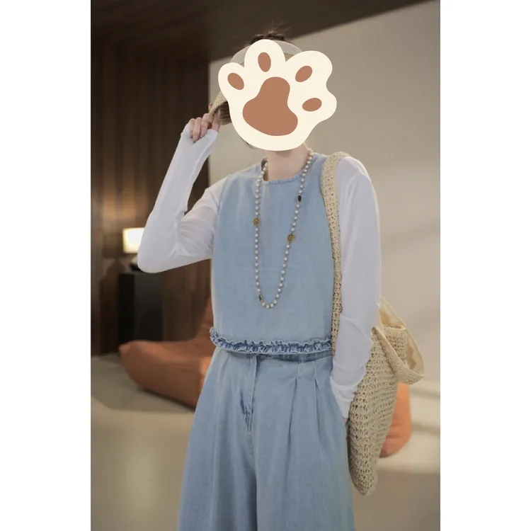 2025春夏新款韩系花边背心阔腿裤套装盐系牛仔百搭时尚宽松三件套