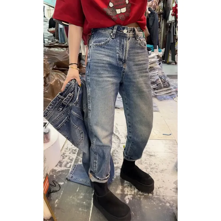 早春新款高腰直筒宽松窄版牛仔裤女大码显瘦小个子洋气九分法棍裤