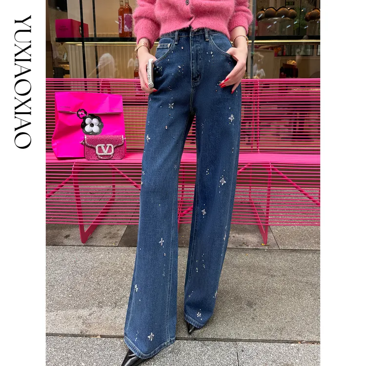 余潇潇【星光璀璨】棉感重工花朵烫钻百搭显瘦垂感直筒牛仔裤秋冬