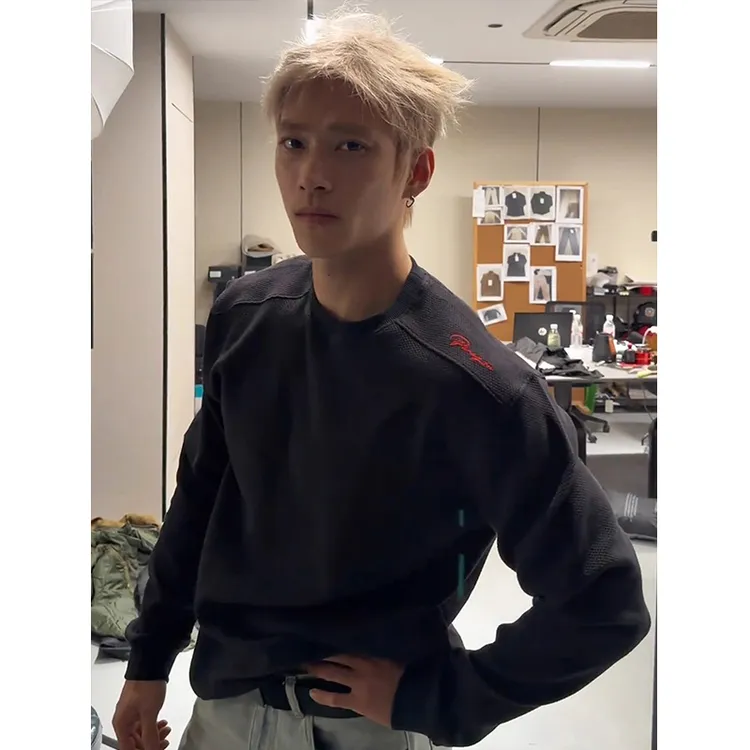 美式蜂窝红标刺绣卫衣男款秋冬季华夫格正肩长袖t恤内搭打底衫潮