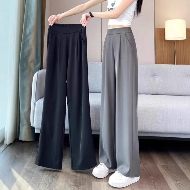 啄木鸟夏季新款薄款冰丝窄版阔腿裤女宽松百搭显瘦高腰休闲拖地裤