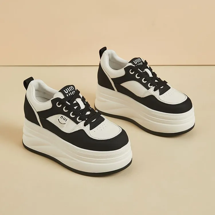 厚底松糕鞋春秋真皮厚底休闲鞋系带拼色女鞋时尚ins韩版秋季