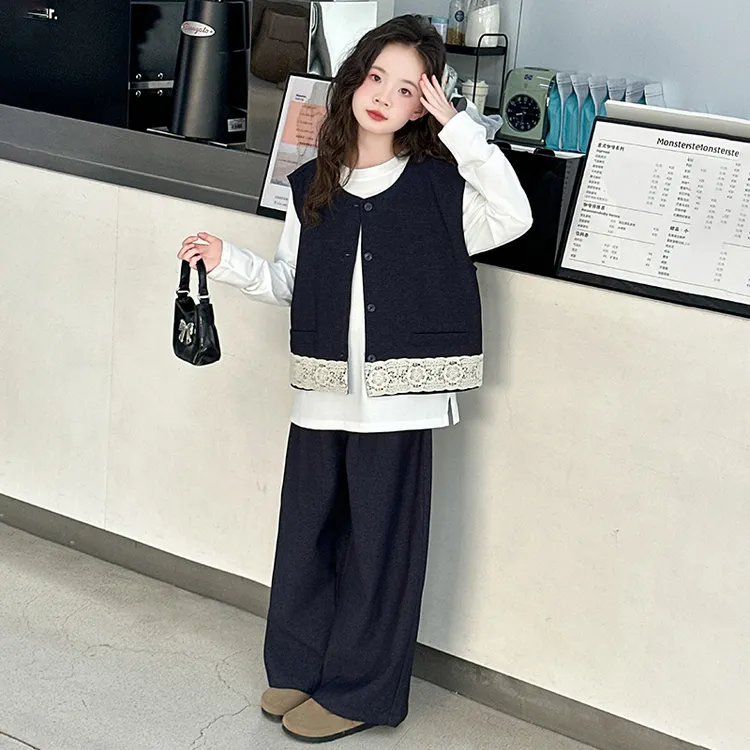 女童马甲阔腿裤三件套秋季2025新款儿童洋气时髦早秋大童秋装套装