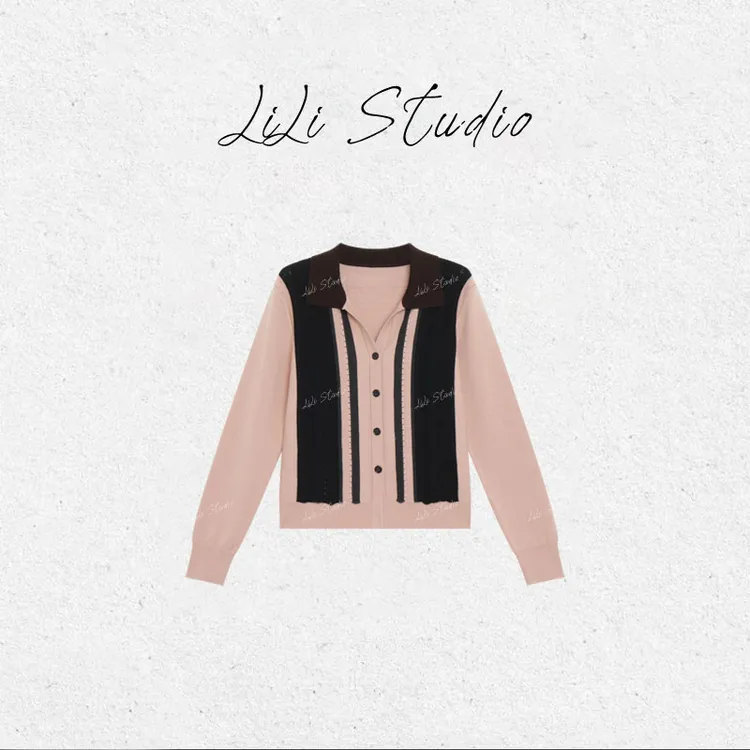 PCNY丨不理理「粉雾黑菱」复古提花撞色长袖系扣羊毛针织衫