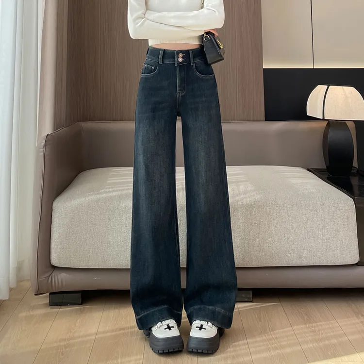 高个子加长大码阔腿牛仔裤女加绒175超长版宽松拖地裤高腰阔腿裤