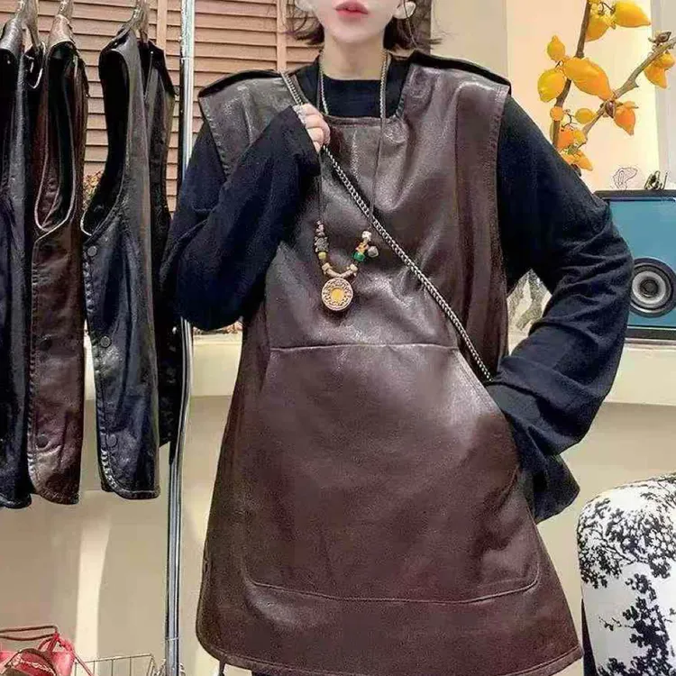 2026新款真皮无袖收腰显瘦中长款女士马甲裙连衣裙百搭春季