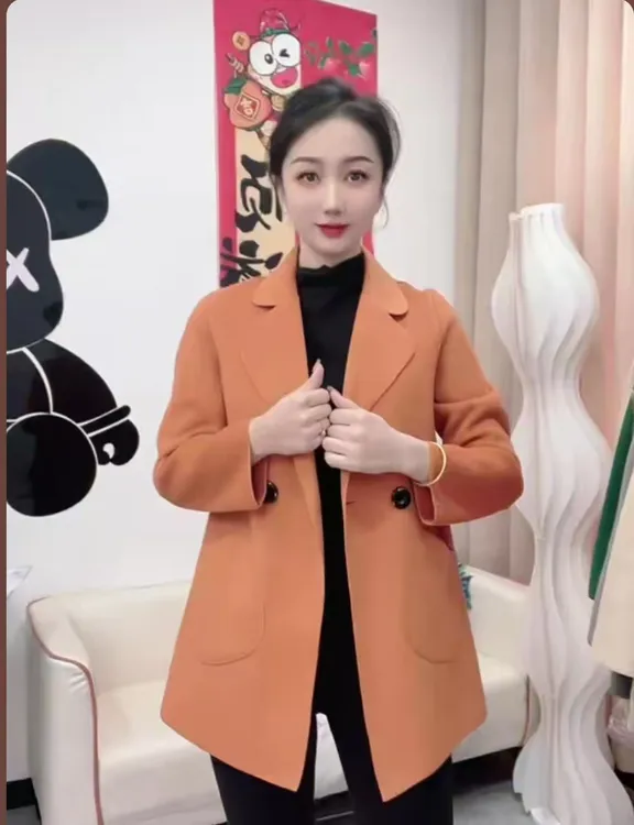 【正品】纯色双面呢经典女士西服领大衣女装中款外套气质999款