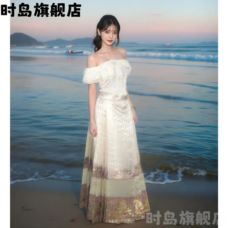 时岛新中式汉服马面裙复古国风碎花长裙白色一字肩领上衣两件套装