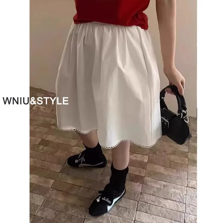 miu系白色半身裙女春夏新款松紧腰花边拼接百搭小个子高腰a字短裙